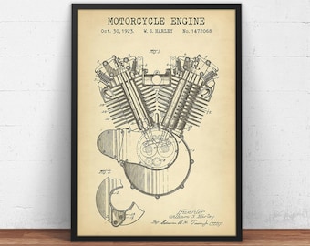 Motor de motocicleta Harley Davidson, impresión de patente de 1923, arte del plano del motor Harley, póster de impresión del motor, decoración de la cueva del hombre