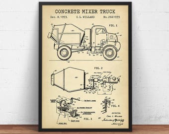 Concrete Mixer Truck 1953 Patent Print,  Concrete Transporting Vehicle, Trucking Decor, Construction Wall Art, Cement Mixer
