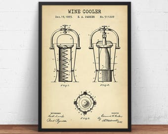 Wine Print, Wine Cooler Patent Print,  Wine Pictures, Liquor Spirits Wall Art, Wine Party Posters, Wine Gifts, Bar Decor
