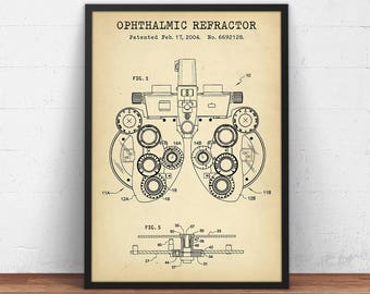 Lámina de patente de refractómetro oftálmico, lámina de póster de optometría, arte de foróptero, oftalmología, decoración de clínica oftalmológica, regalo para optometrista, óptico