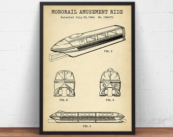 Monorail Ride Patent Print, Disneyland Amusement Ride, Instant Download Blueprint, Disney World Poster Print, Kids Room Wall Art Decor