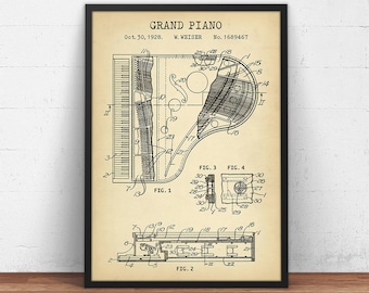 Grand Piano Patent Print,  Grand Piano Design Blueprint Art, Vintage Piano Poster, Music Decor, Piano Room Wall Art, Gifts