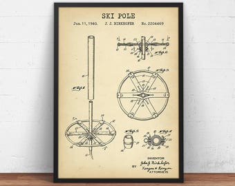 Skiing Art, Ski Pole Patent Print,  Winter Sports Blueprint, Mountain House Poster, Skier Gifts, Skiing Decor, Ski Wall Art