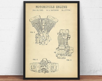 Impresión de patente de motor Harley-Davidson, póster de motor vintage, regalo para él, arte de motocicleta, arte mural Harley, decoración de cuevas masculinas