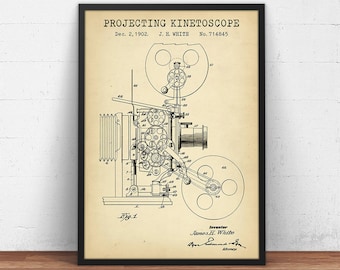Projecting Kinetoscope Patent Prints, Cinema Blueprint, Media Room Decor, Movie Buff Gifts, Vintage Movie Projector, Film & Cinema Wall Art