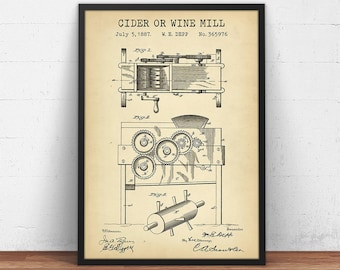 Wine Poster, Cider or Wine Mill Patent Print,  Wine Liquor Spirits Drinks, Kitchen Wall Art, Vintage Wine Gifts, Bar Decor