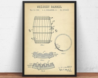 Whiskey Barrel Poster, Whiskey Patent Print,  Bar Decor, Whisky Art Print, Liquor Spirits Drinks Wall Art, Whiskey Brewery
