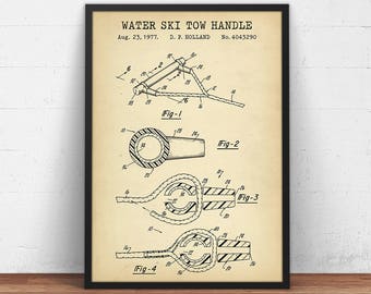 Water Ski Tow Handle Patent Print,  Ski Gallery Wall, Skier Gifts, Skiing Poster, Water Sports Decor, Beach House Wall Art