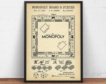 Monopoly Patent Print,  Board Game Art, Monopoly Poster Print, Monopoly Gifts, Vintage Blueprint Art, Kids Room Decor