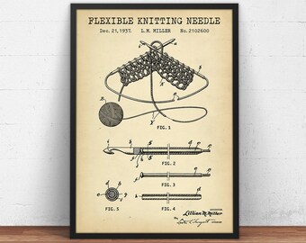 Stricknadel-Patentzeichnung von 1937, Strickposter, Strick-Wandbild, Strickdeko, Strickkunst, Nähen, Garn, Geschenke