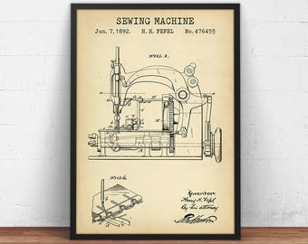 May include: A vintage black and white patent drawing of a sewing machine. The drawing is titled "Sewing Machine" and includes the patent number 476455, the date June 7, 1892, and the inventor's name H. H. Fefel.