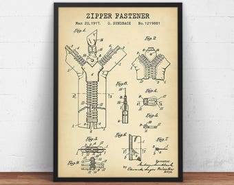 Zipper Patent Print,  Zipper Fastener Blueprint Art, Sewing Room Decor, Fashion Poster Print Boutique Decor Fashion Art