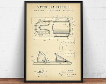 Water Ski Harness Blueprint Art, Patent Prints  Water Ski Board Poster, Water Sports Wall Art, Beach House Decor, Vintage