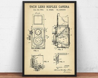 May include: A framed vintage print of a Twin Lens Reflex Camera patent illustration. The print features detailed technical drawings of the camera from various angles, including front, side, and top views. The text includes the date January 24, 1950, and the inventor's name.