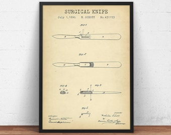 Surgical Knife Patent Print,  Scalpel Design Diagram, Vintage Medical Hand Tool, Surgery Decor Lancet Poster, Surgeon Gifts