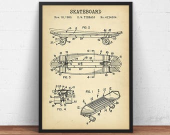 Stampa di brevetto per skateboard, disegno tecnico per skateboard, poster di design per skateboard, sport dello skateboard, decorazione murale X Games
