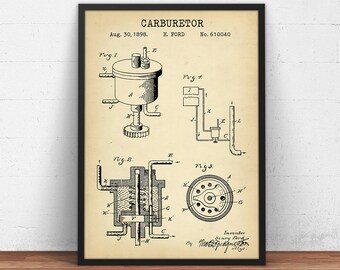Carburetor 1898 Patent Print, Engine Carburettor Blueprint, Car Poster Print, Garage Decor, Mechanic Gift, Man Cave Wall Art, Henry Ford