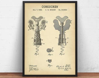 Wine Gifts, Corkscrew Patent Print,  Wine Decor, Kitchen Print, Vintage Wine Print, Bar Wall Art, Pub Decor, Pictures