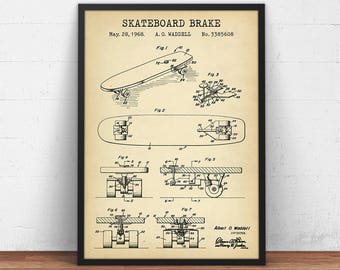 Schema del sistema frenante dello skateboard, stampe di brevetti, poster di skateboard, decorazioni murali per skateboarder, regali per skater