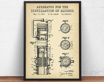 Alcohol Gifts, Distillation Of Alcohol Patent Print,  Bar & Pub Decor, Whiskey Liquor Alcohol Gifts, Distillery Wall Art