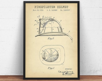Firefighter Helmet Patent Print, Firefighter Print, Firefighter Vintage Wall Art, Fireman Poster Fire House Decor Fireman Helmet Diagram