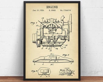 Henry Ford Engine 1928 Patent Print,  Model A Pickup Truck, Ford Motor Blueprint, Mechanic Gift, Garage Decor Engine Design