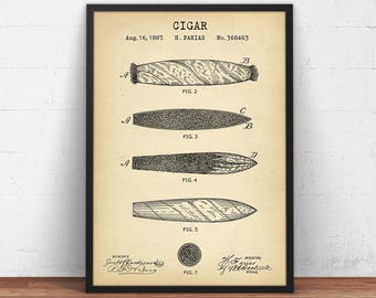 Cigar Patent Print,  Vintage Cigar Types Poster, Pub Decor Gift for Men Grandpa, Cigar Lounge Sign, Man Cave, Smoking Room
