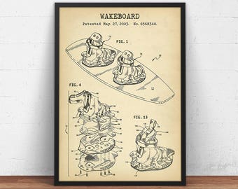 Wakeboard Blueprint Art, Patent Prints,  Wakeboarding Poster, Wakeboard Print, Water Sport Decor, Ski Wall Art, Skiing