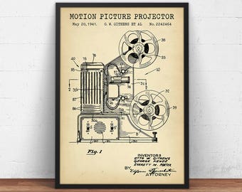 Póster con planos de cine en casa, proyector de cine, arte de patentes vintage, arte para la pared de la sala de cine, ilustración de rollo de película, impresión giclée