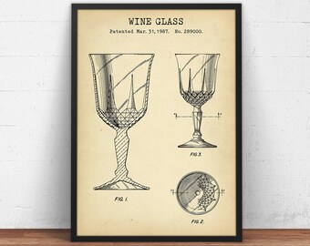Wine Glass Patent Art,  Wine Glasses, Bar Decor, Wine Poster Print, Kitchen Art Wine Gifts, Spirits Wall Art, Liquor Gifts