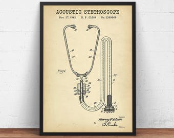 Lámina artística de patente de estetoscopio, póster de estetoscopio, lámina de estetoscopio, plano médico, regalo para médico o clínica.