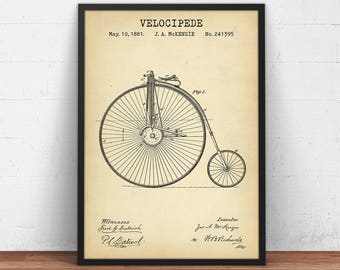 Velocipede Patent Print, Vintage Bicycle Art, Bike Poster Print, Bicycle Wall Art Decor, Retro Rower, Penny Farthing,