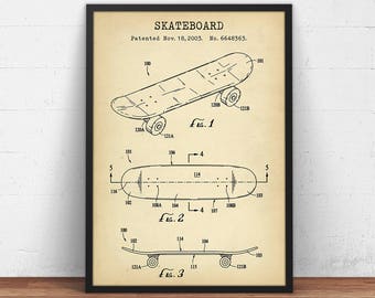 Stampa del brevetto dello skateboard, disegno tecnico, sport dello skateboard, poster di design dello skateboard, decorazione murale, regalo per skater