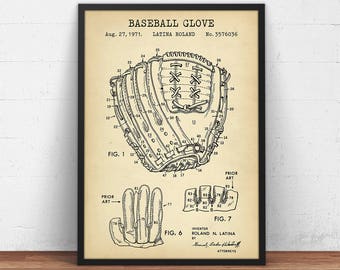 Baseball Patent Print, Glove Blueprint,  Print Poster, Vintage Baseball Gloves Art, Baseball Fan Gifts, Man Cave Decor