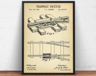 Tramway Switch Patent Print,  Vintage Tram print, Trolley Print, Railway Wall Art, Transportation Decor, Train Decor