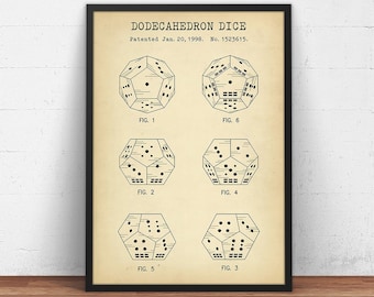 D12 dobbelstenen, twaalfzijdige dodecaëder dobbelsteen, D&D dobbelstenen, Dungeons and Dragons poster, D&D muurdecoratie, decoratie voor de speelkamer, cadeaus