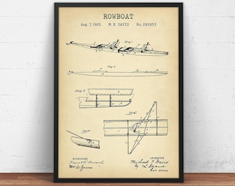 Row Boat Patent Print, Lake House Sign, Rowing Boat Blueprint, Nautical Decor, Crew Art, Racing Sailboat, Rower Gifts, Rowing Wall Art