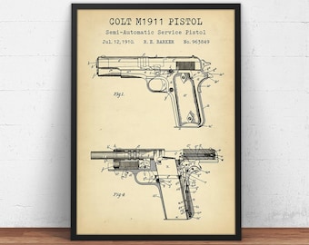 M1911 Pistooloctrooiafdruk, blauwdruk semi-automatisch pistool, poster vuurwapen, wapenkunstwerk, verzamelaarsgeschenken, decor wapenkunst