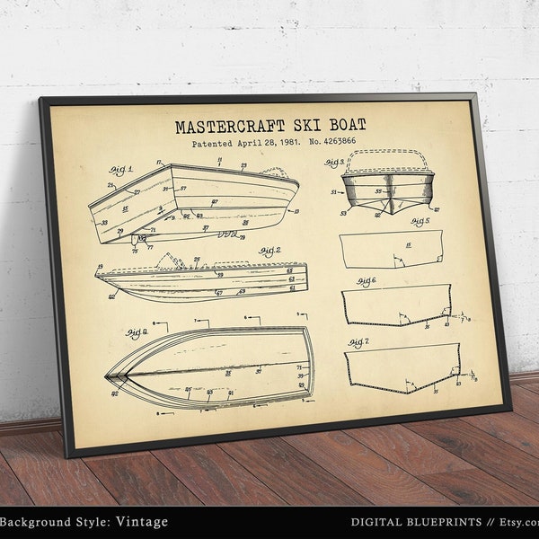 Mastercraft Ski Boat Patent Print, Skiing Surf Boat Blueprint Poster, Marine Ocean Nautical Sea Decor, Beach Wall Art, Gift For Water Skier