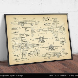 May include: Framed vintage blueprint of a McDonnell Douglas F/A-18A Hornet aircraft. The blueprint features detailed diagrams and specifications of the jet fighter, with a beige background and black frame. The text "DIGITAL BLUEPRINTS // Etsy.com" is visible.
