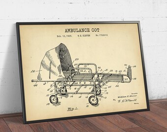 Ambulance Cot Patent Poster, Stretcher Blueprint, Paramedic Wall Art, Nurse Doctor EMT Gifts, Gurney Print, Medical Gifts, Hospital Decor