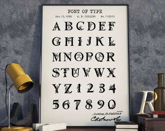 Alphabet Poster Printable, Vintage Font Patent, Writer Gifts, Kids Room Decor, ABC Print, Nursery Wall art, Playroom Art, Children's Art