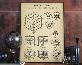 Rubik's Cube Patent Print,  Rubiks Cube Poster, Print Art, Puzzle Game, Vintage Blueprint Artwork, Game Room Decor