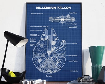 Star Wars Print, Millennium Falcon Blueprint Art, Star Wars Schematic Diagram, Star Wars Movie Print, Spaceship Poster, Fan Gifts