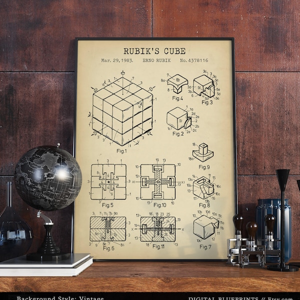 Rubik's Cube Patent Print,  Rubiks Cube Poster, Print Art, Puzzle Game, Vintage Blueprint Artwork, Game Room Decor