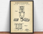 Microphone Patent Print, Ribbon Microphone Blueprint Art, Singing, Musician Gifts, Recording Studio, Music Bar Wall Decor, Singer, Speaker