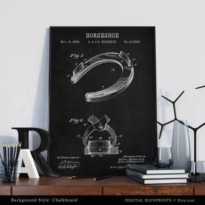 May include: Black and white illustration of a horseshoe patent drawing on a chalkboard background. The patent is titled "Horseshoe" and includes the patent number 613883 and the date November 8, 1898. The drawing shows a horseshoe with a detailed view of the horseshoe's shape and design.