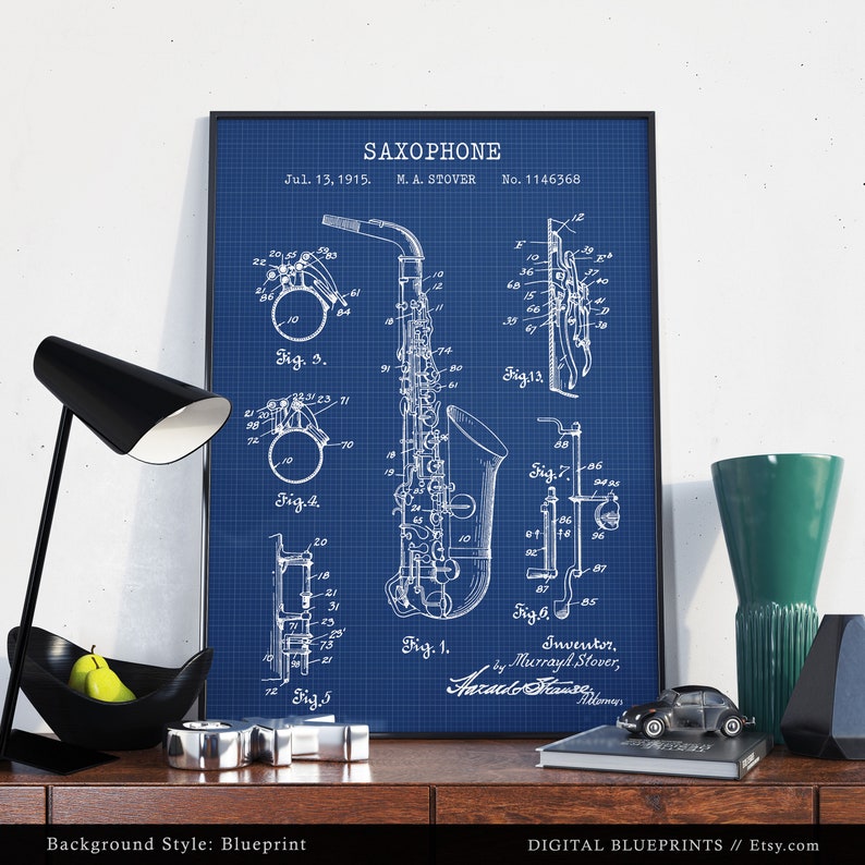 Saxophone Patent Print Musician Gifts Saxophone Blueprint Etsy