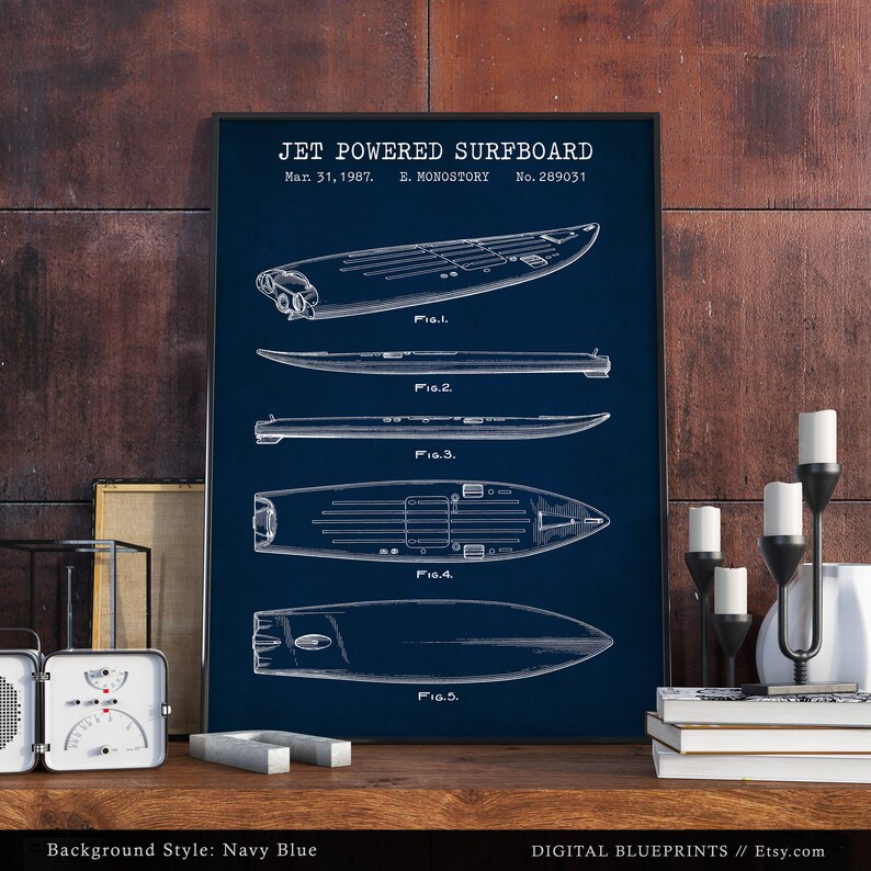 Surfboard Patent Print Jet Powered Surfboard Blueprint Art Etsy
