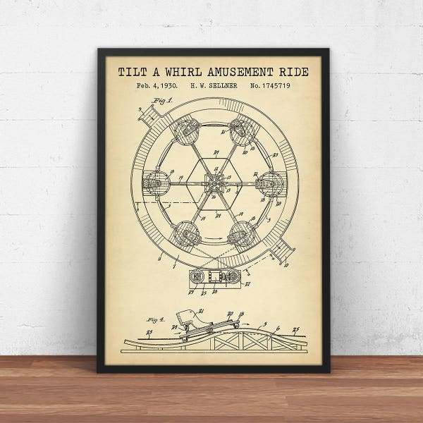 Tilt A Whirl Amusement Ride Patent Print, Carnival Ride Blueprint Art, Theme Park Wall Art, Circus Art, Decor, Fair Ground Poster Print